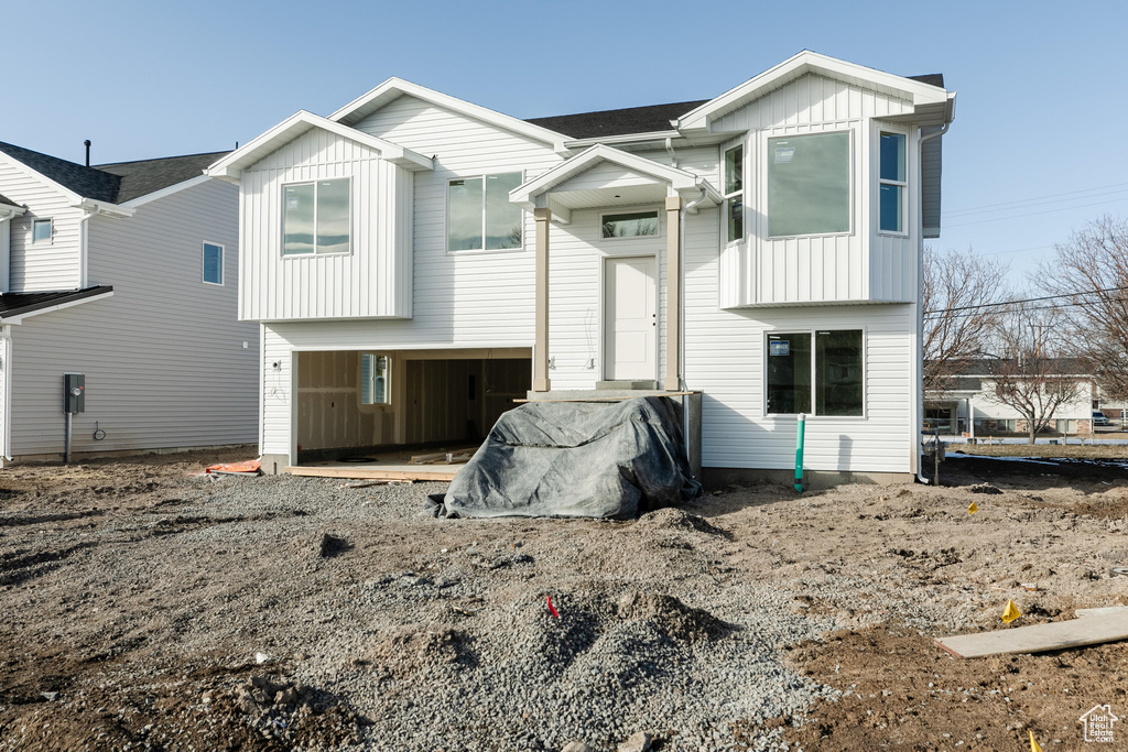 Exterior space with board and batten siding