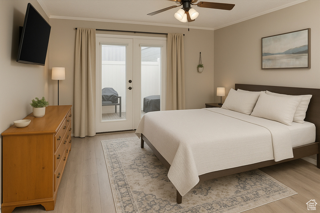 Bedroom featuring french doors, access to exterior, ornamental molding, light wood-style flooring, and a ceiling fan