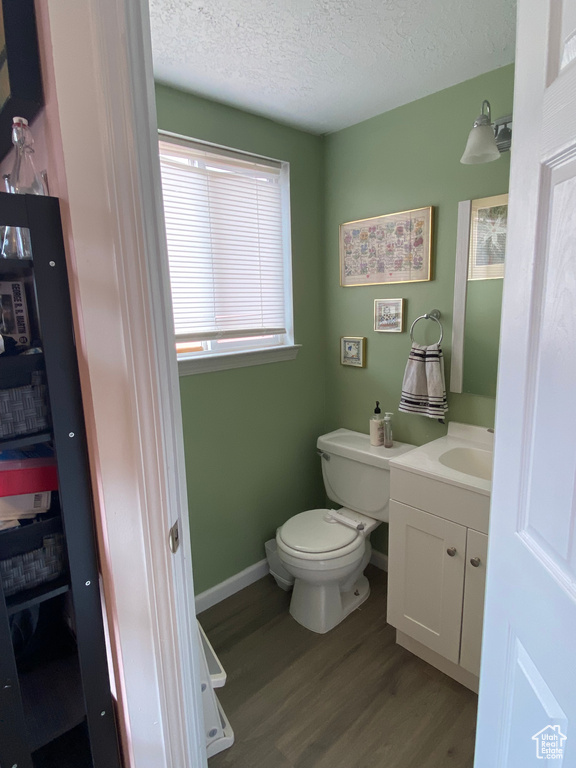 Bathroom with vanity, wood-type flooring, a textured ceiling, and toilet