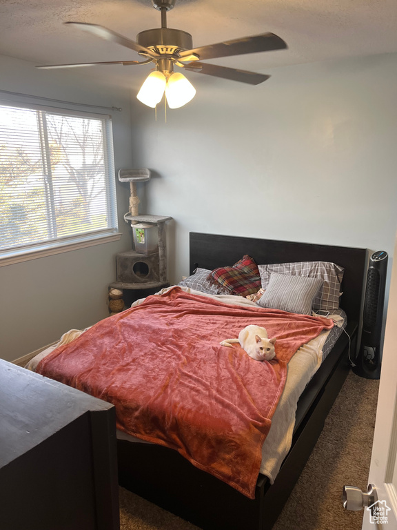 Carpeted bedroom featuring ceiling fan