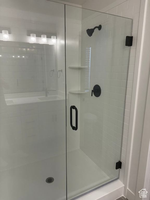 Bathroom with a shower stall and a sink