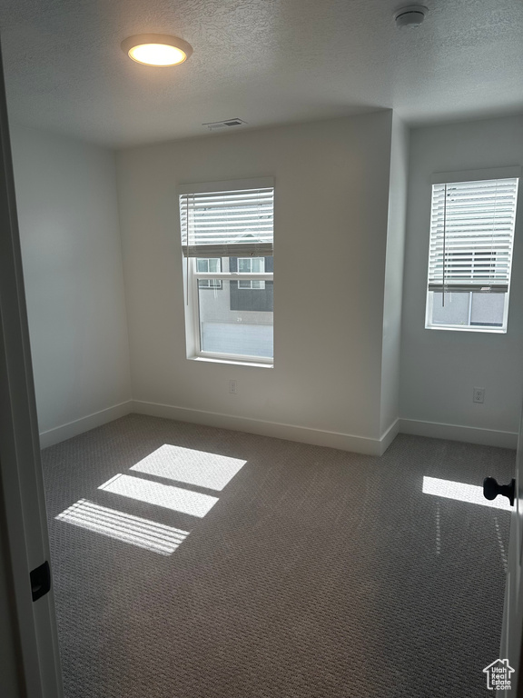 Spare room featuring carpet floors, a textured ceiling, and a smoke detector