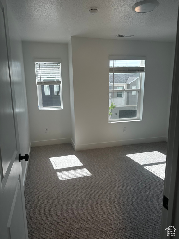 Carpeted spare room with a textured ceiling, healthy amount of natural light, and a smoke detector