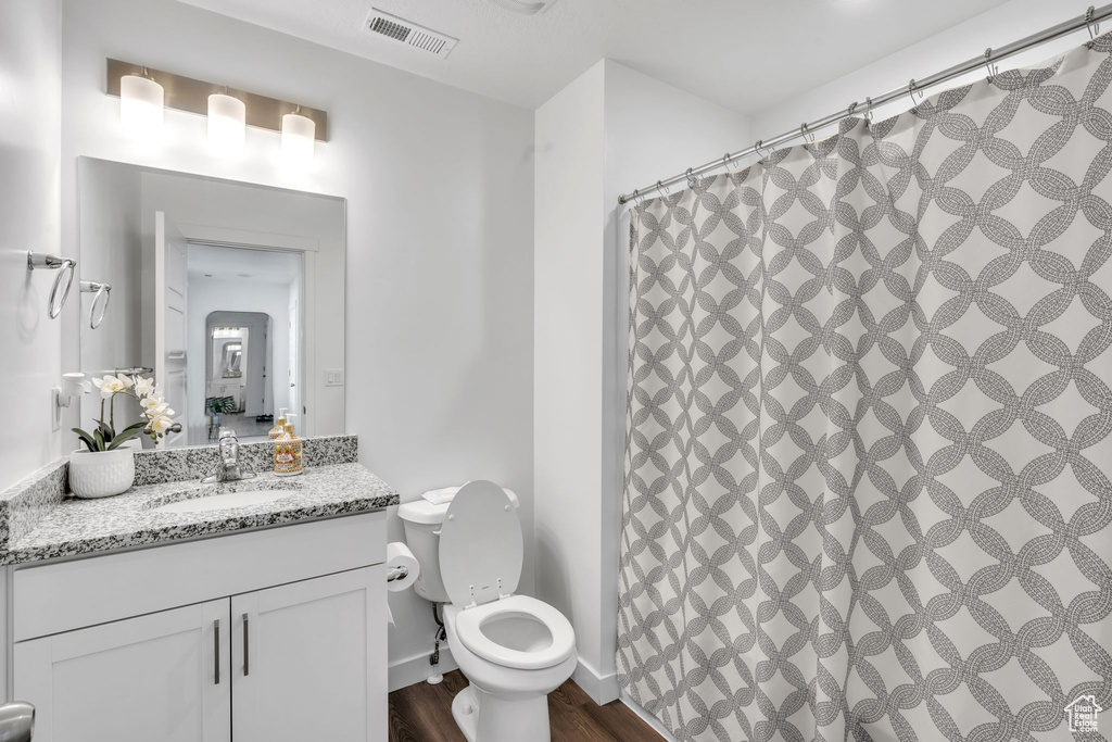 Bathroom featuring hardwood / wood-style flooring, vanity, curtained shower, and toilet