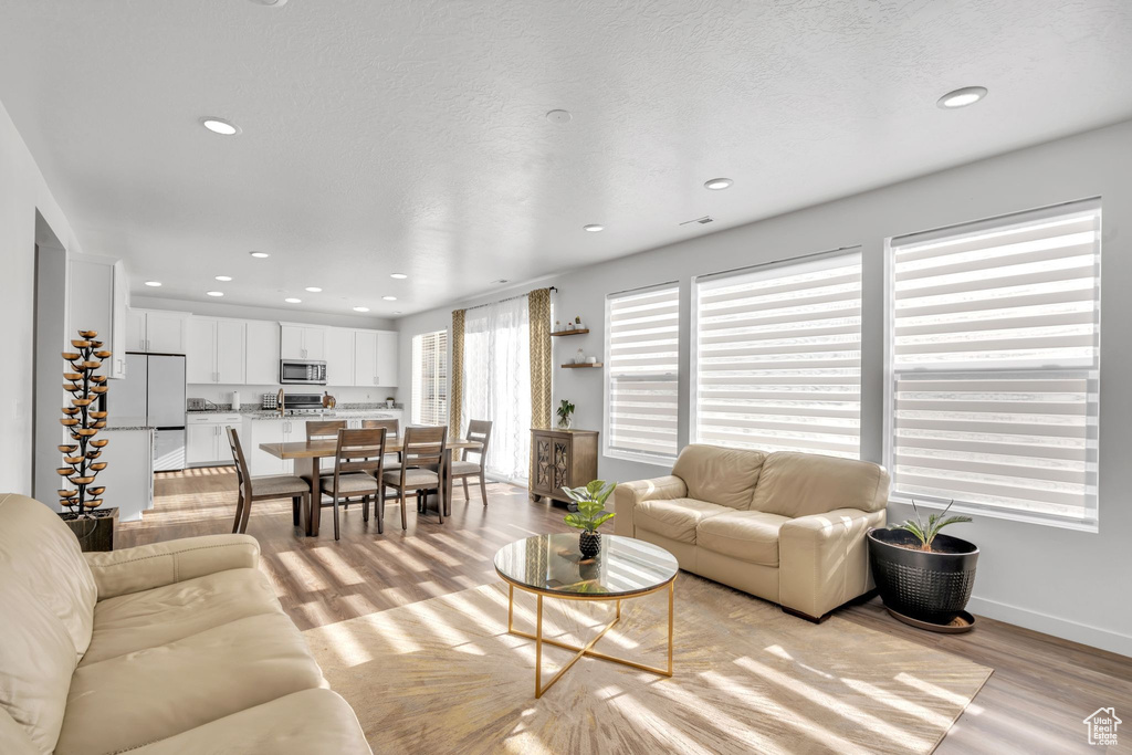 Living room featuring a textured ceiling and light hardwood / wood-style flooring