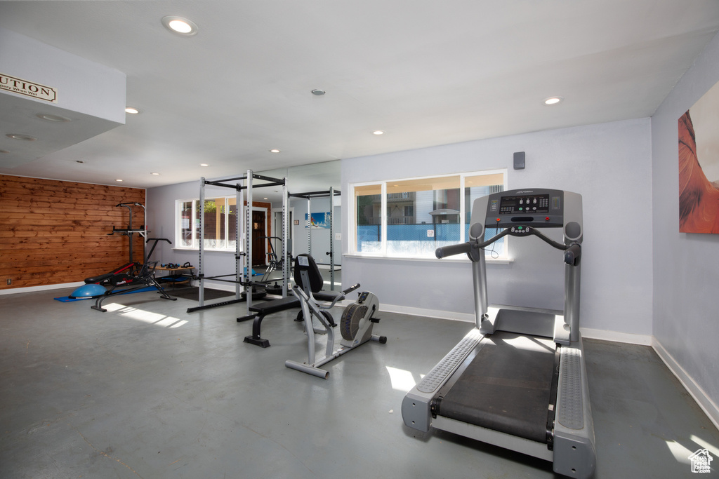 Exercise room featuring plenty of natural light and recessed lighting