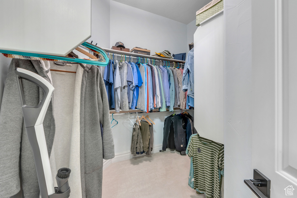 Spacious closet featuring light colored carpet