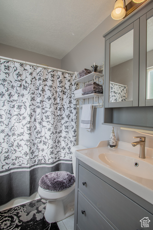 Full bath with vanity, toilet, a textured ceiling, and a shower with shower curtain