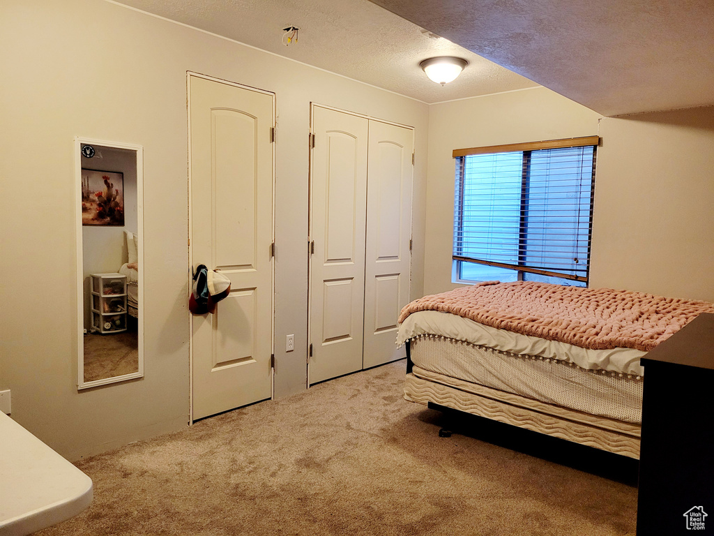 Carpeted bedroom with a textured ceiling