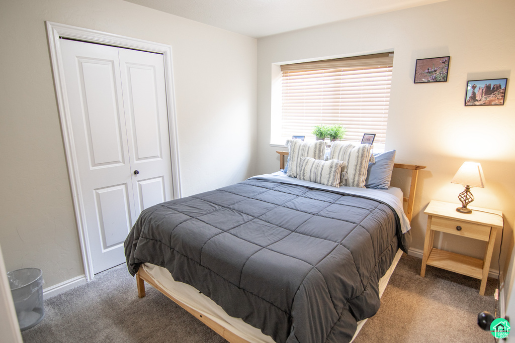 Carpeted bedroom with a closet and baseboards
