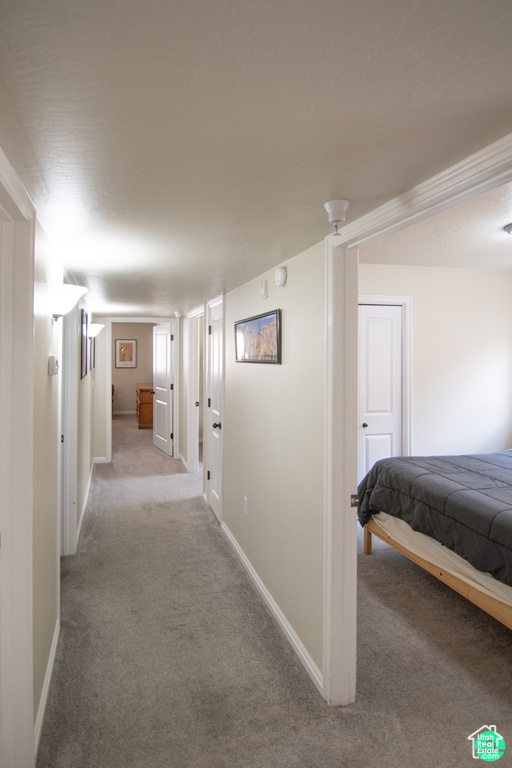 Hall with light colored carpet
