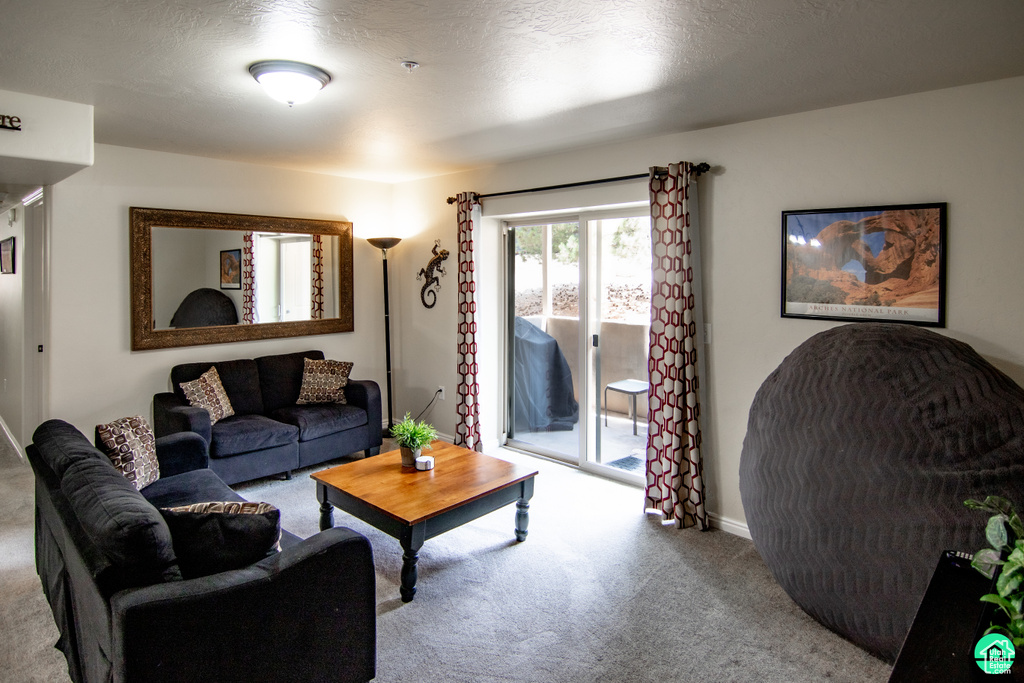 Living room with carpet floors and baseboards