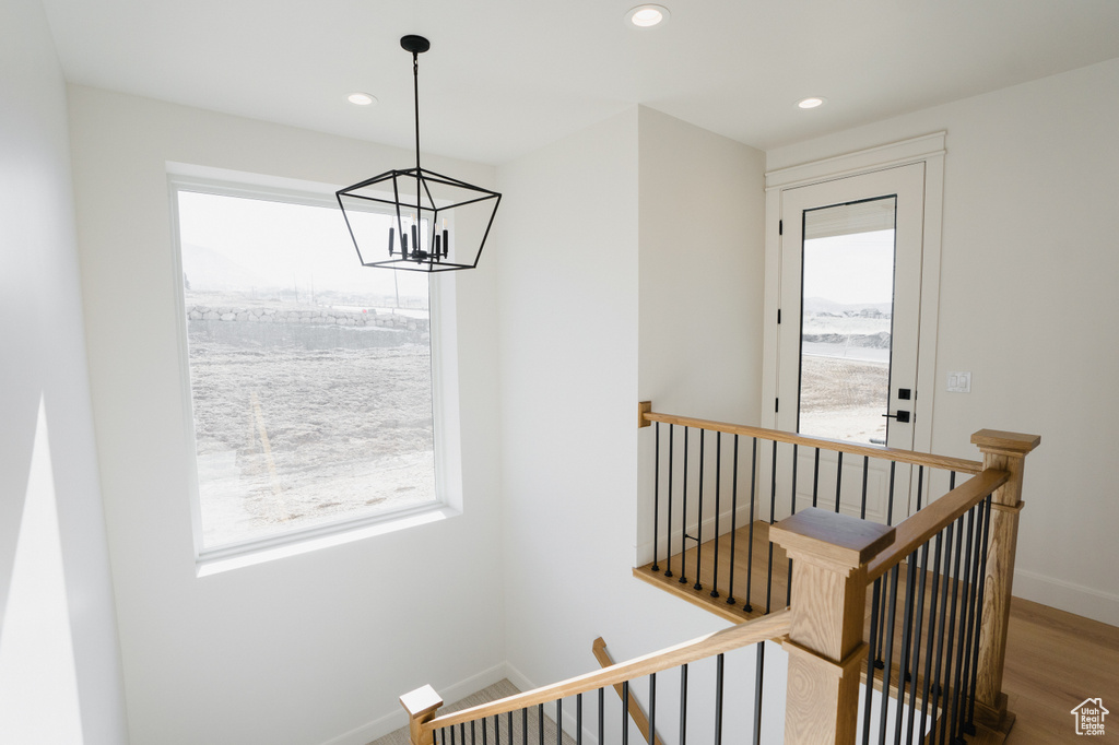 Stairs featuring hardwood / wood-style floors, a healthy amount of sunlight, and an inviting chandelier