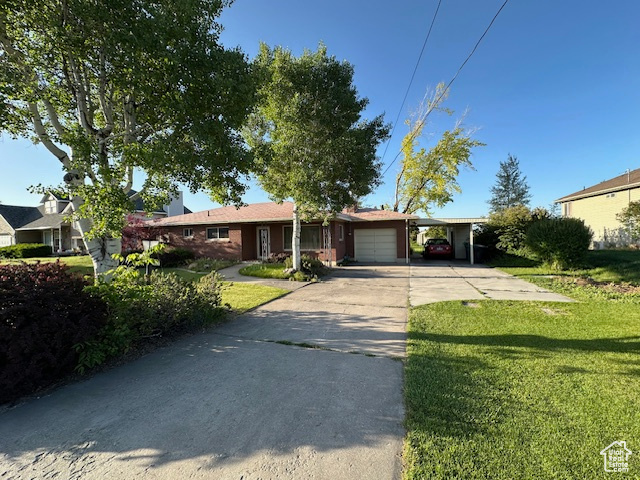 Ranch-style home featuring a front yard, concrete driveway, an attached garage, and a carport