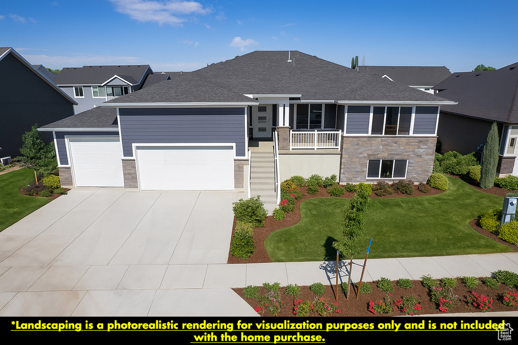 View of front of home featuring a garage, stone siding, a front lawn, driveway, and roof with shingles