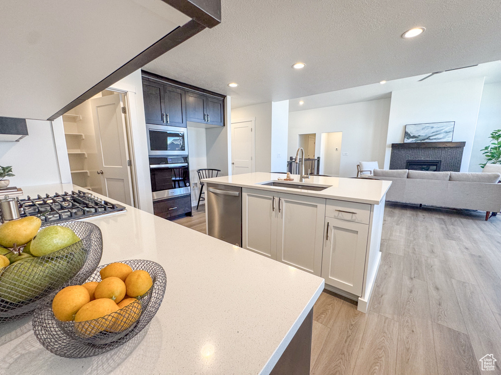 Kitchen featuring stainless steel appliances, light countertops, light wood-type flooring, an island with sink, and recessed lighting