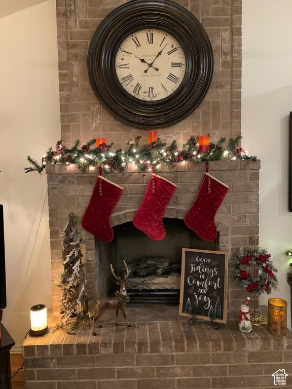 Details featuring a brick fireplace