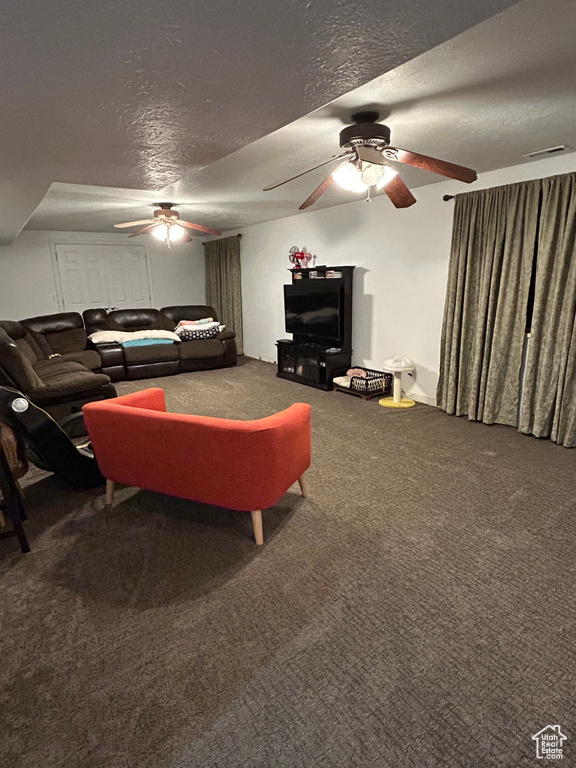 Carpeted living room with a textured ceiling