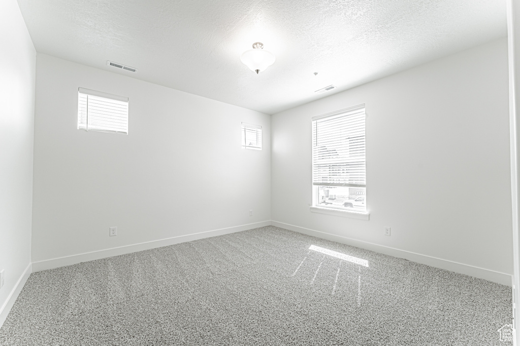 Empty room featuring baseboards, carpet floors, and a textured ceiling