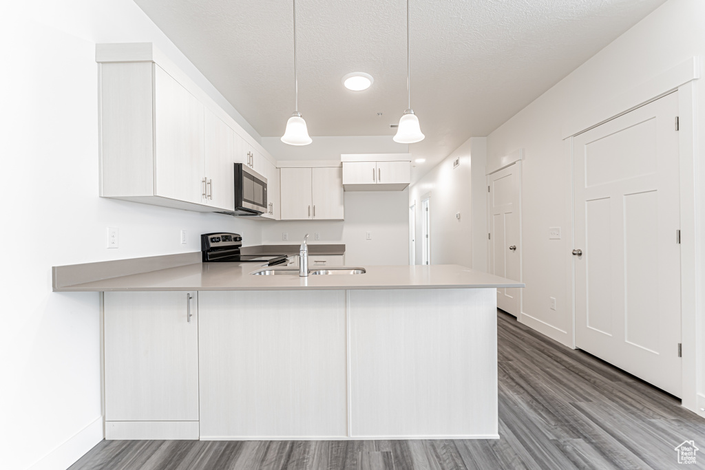 Kitchen with stainless steel appliances, a sink, a peninsula, light countertops, and wood finished floors