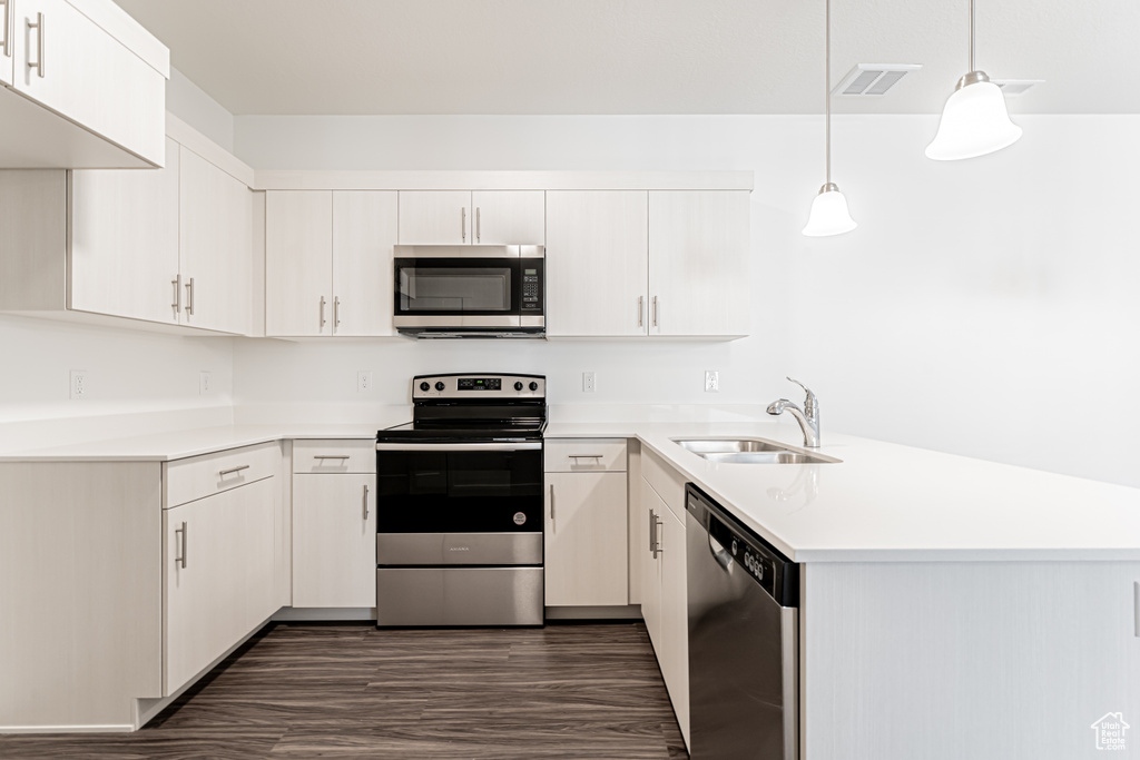 Kitchen featuring stainless steel appliances, a sink, a peninsula, and light countertops