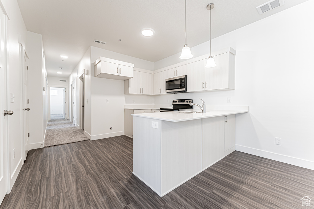 Kitchen featuring stainless steel appliances, a peninsula, dark wood-style floors, baseboards, and a sink