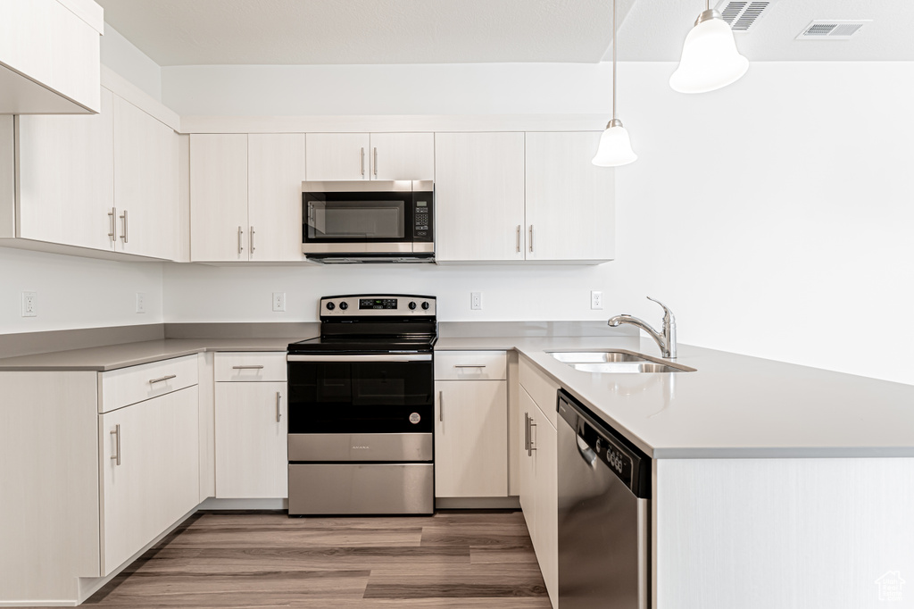 Kitchen with appliances with stainless steel finishes, a sink, a peninsula, light countertops, and light wood finished floors