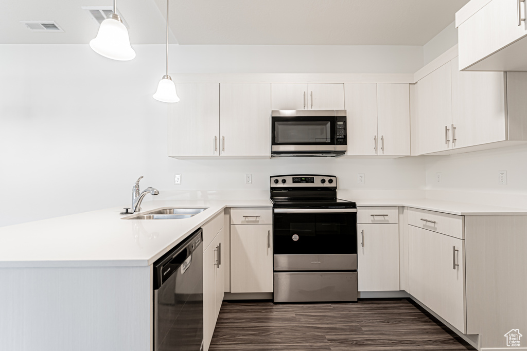 Kitchen with stainless steel appliances, a sink, light countertops, a peninsula, and dark wood finished floors