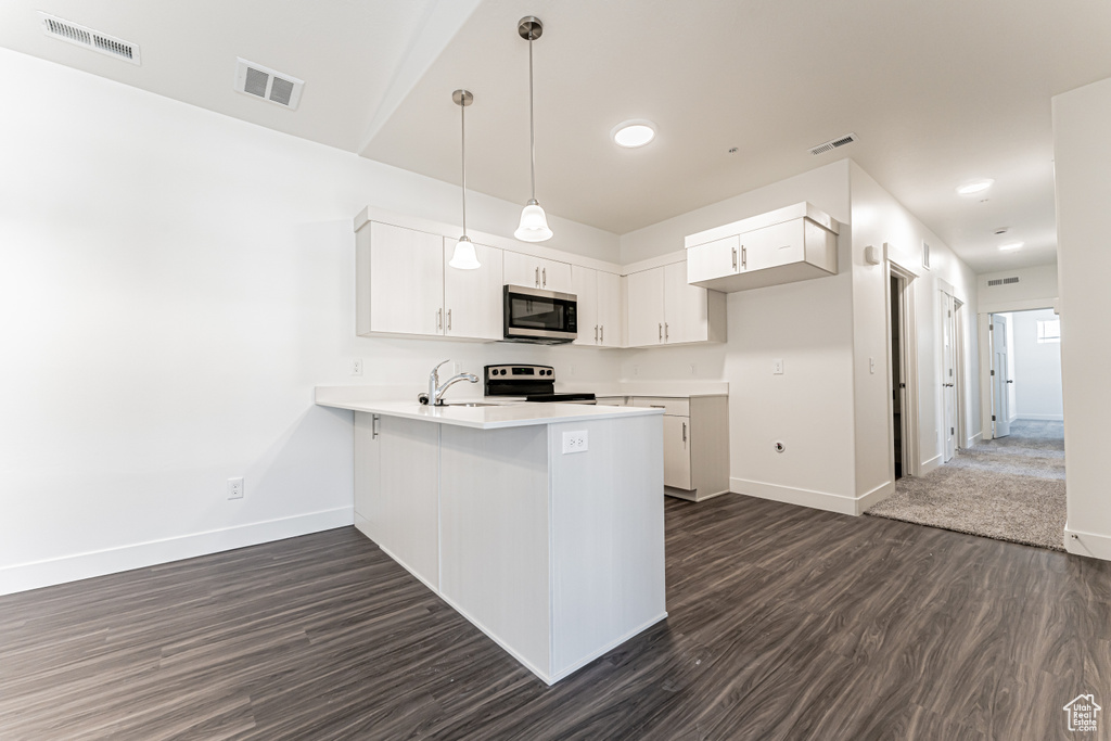 Kitchen featuring appliances with stainless steel finishes, a peninsula, dark wood-style floors, baseboards, and a sink