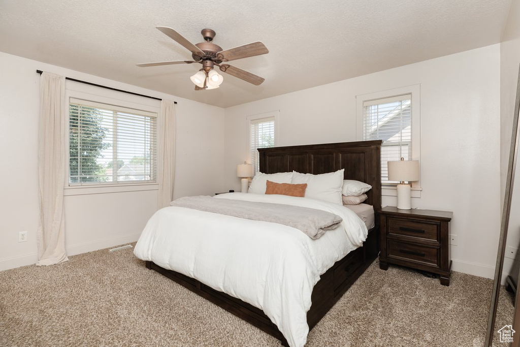 Carpeted bedroom with ceiling fan