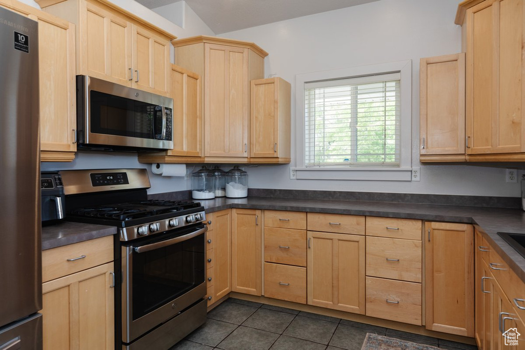 Kitchen with light brown cabinets, appliances with stainless steel finishes, and dark tile patterned flooring