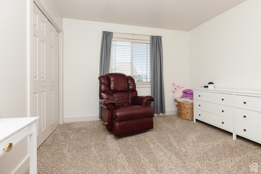 Sitting room with light colored carpet