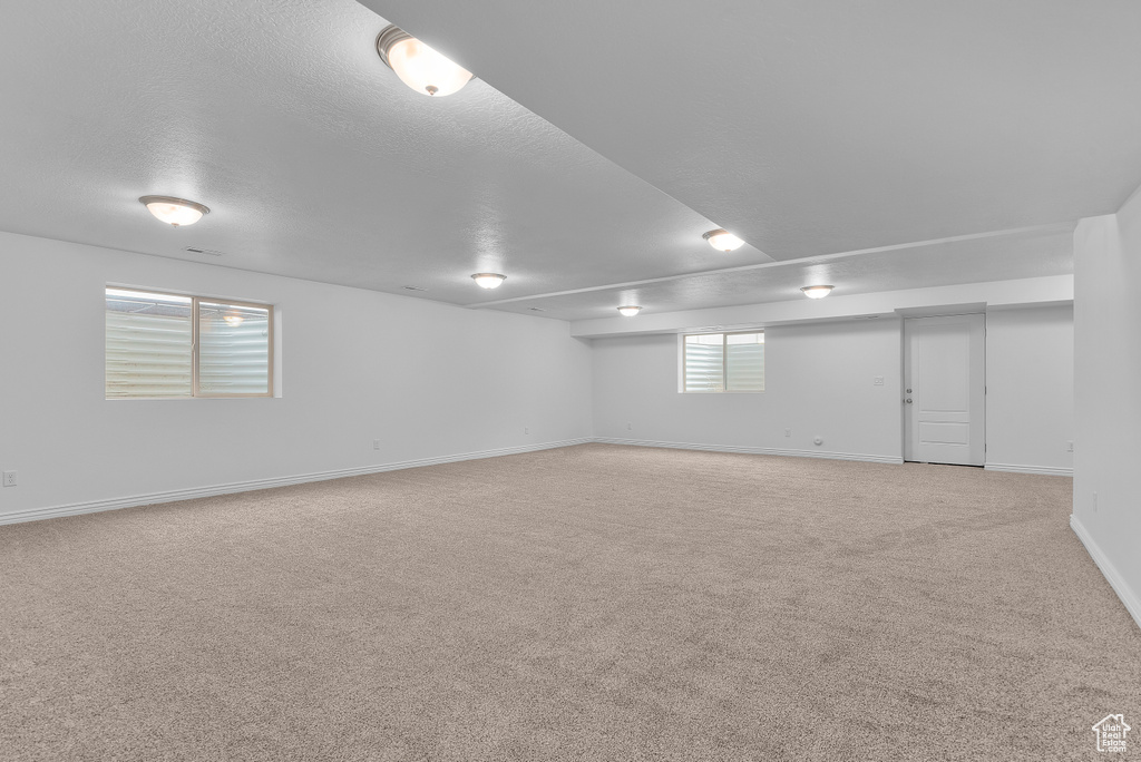 Basement with light colored carpet and a textured ceiling
