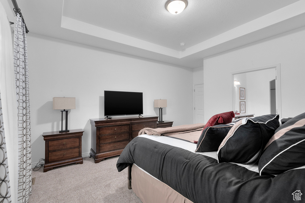 Carpeted bedroom with a raised ceiling