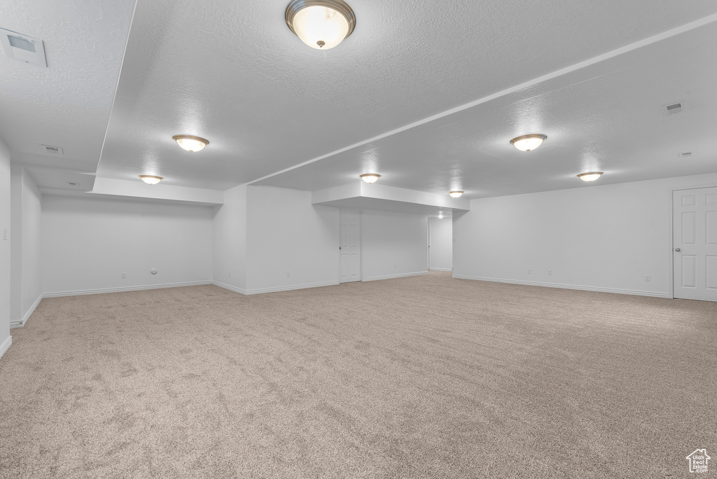 Basement with carpet flooring and a textured ceiling