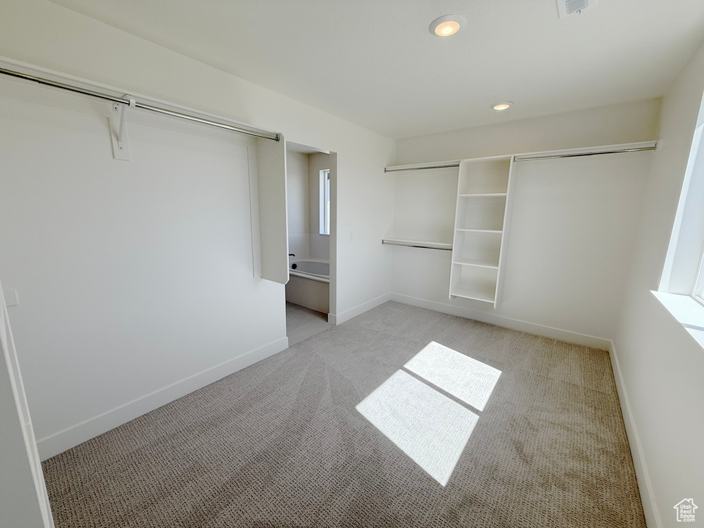 Walk in closet with light carpet