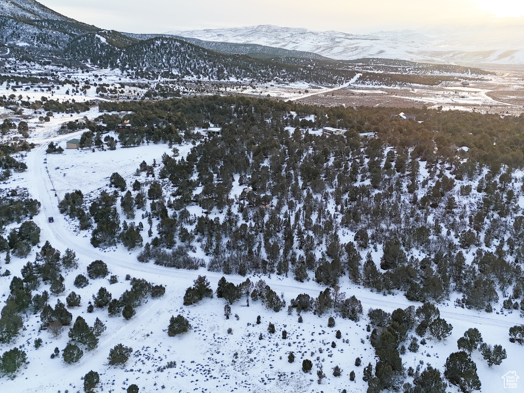 Snowy aerial view featuring a mountain view