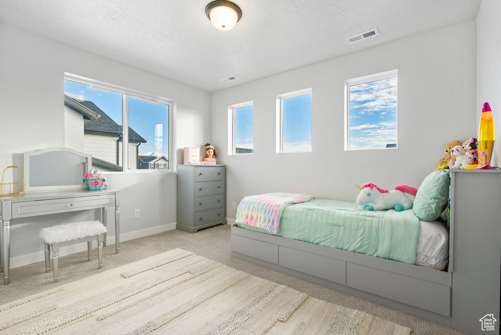 Bedroom with a textured ceiling, light carpet, and multiple windows