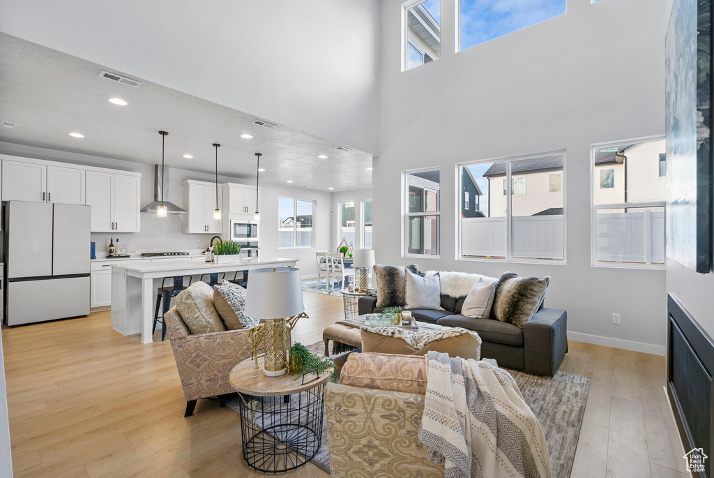 Living room with a wealth of natural light, a towering ceiling, and light hardwood / wood-style floors