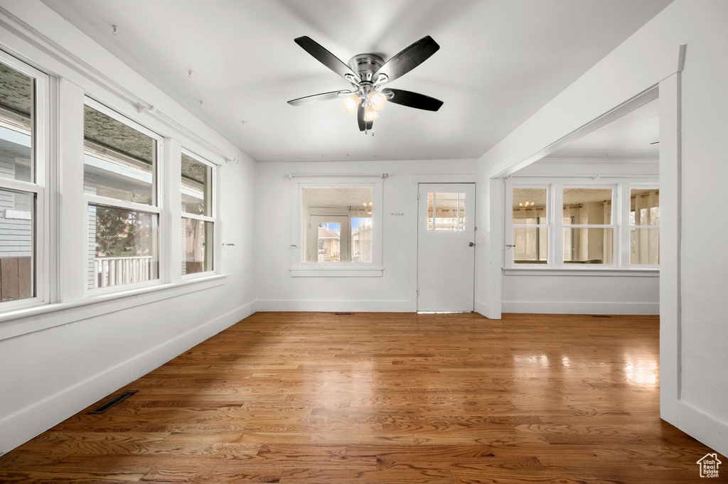 Interior space featuring light hardwood / wood-style flooring and ceiling fan