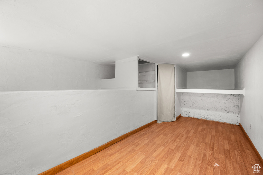 Basement featuring wood-type flooring