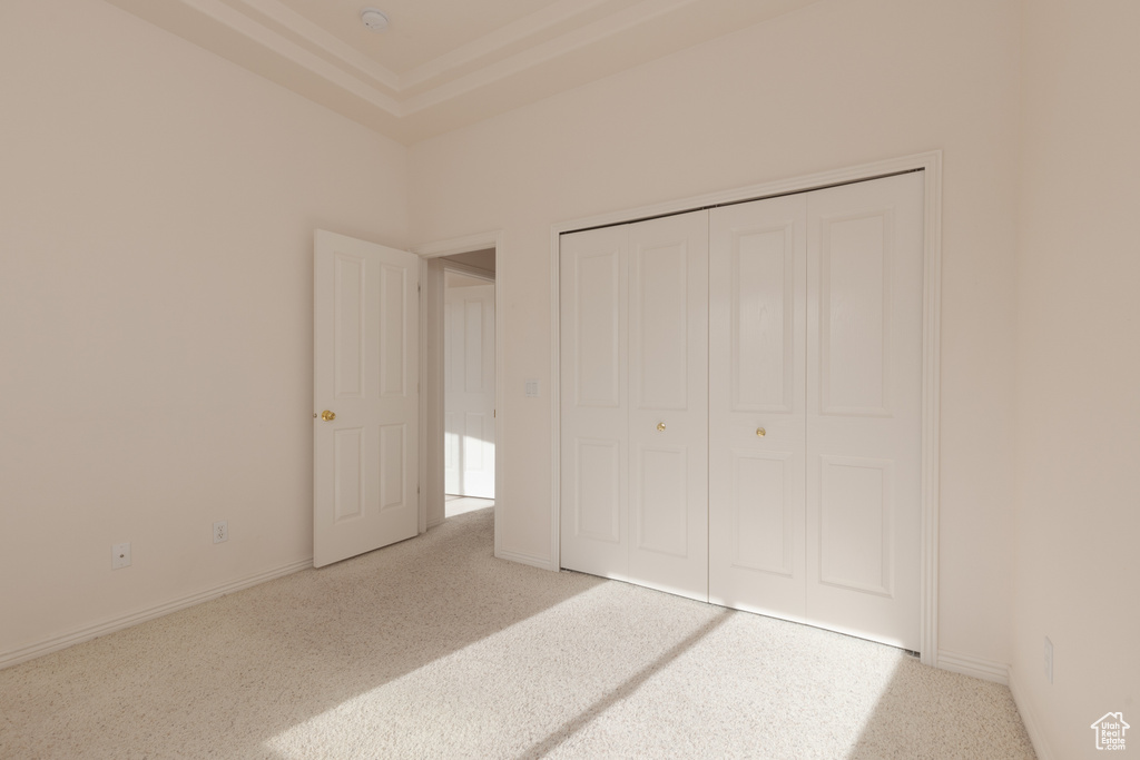 Unfurnished bedroom featuring carpet floors, a tray ceiling, and a closet