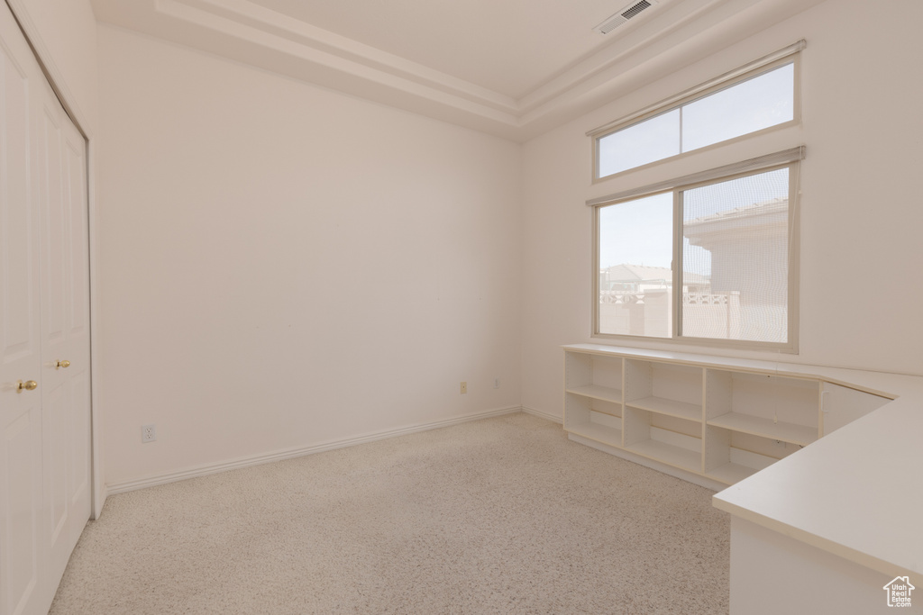 Carpeted empty room with a tray ceiling