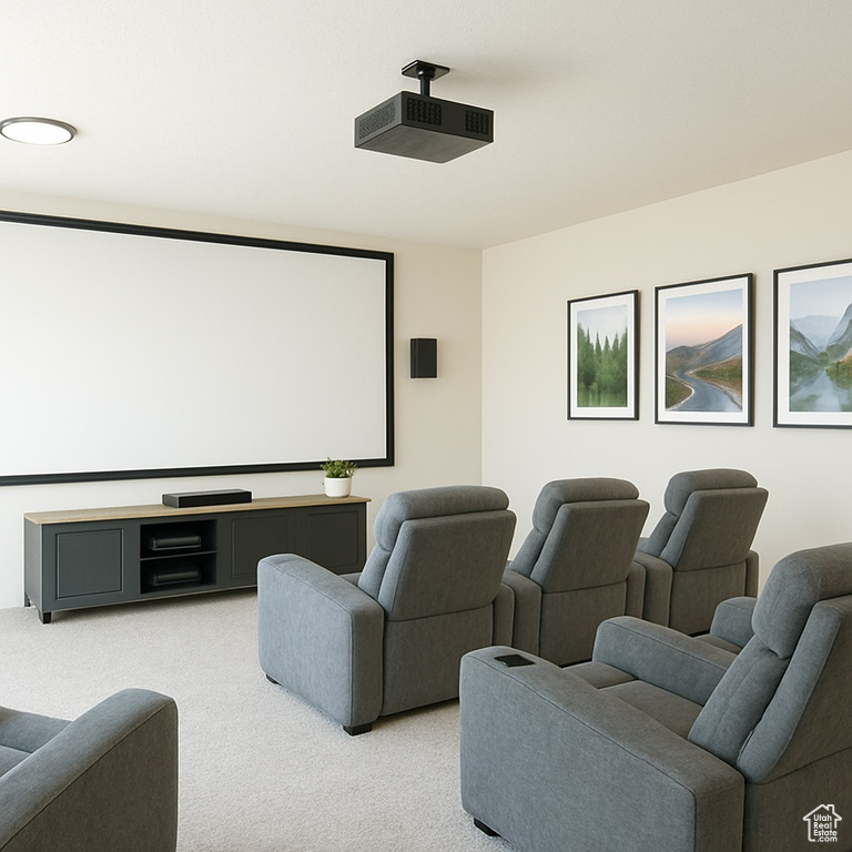 Home theater with light colored carpet