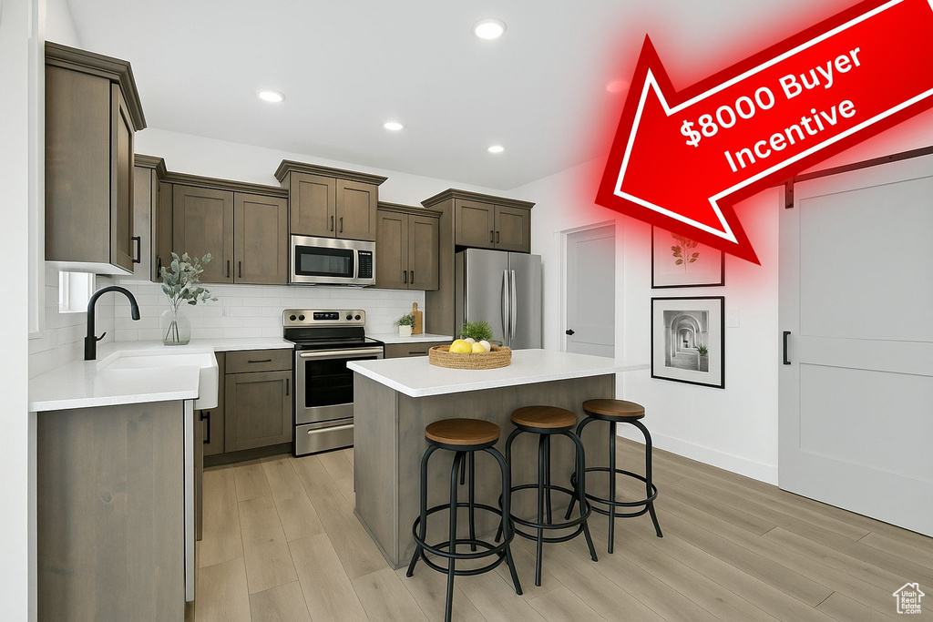 Kitchen with a breakfast bar area, backsplash, a center island, light wood-style floors, and stainless steel appliances