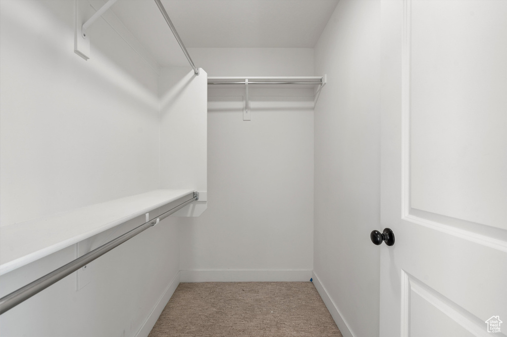 Walk in closet featuring light colored carpet