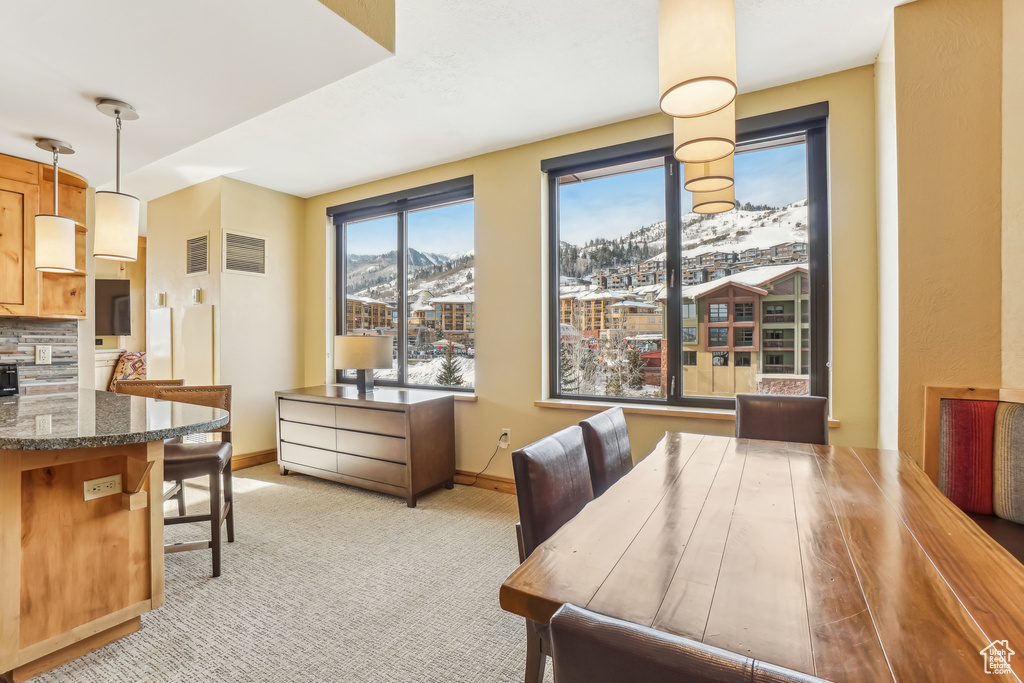 Carpeted dining space with a mountain view