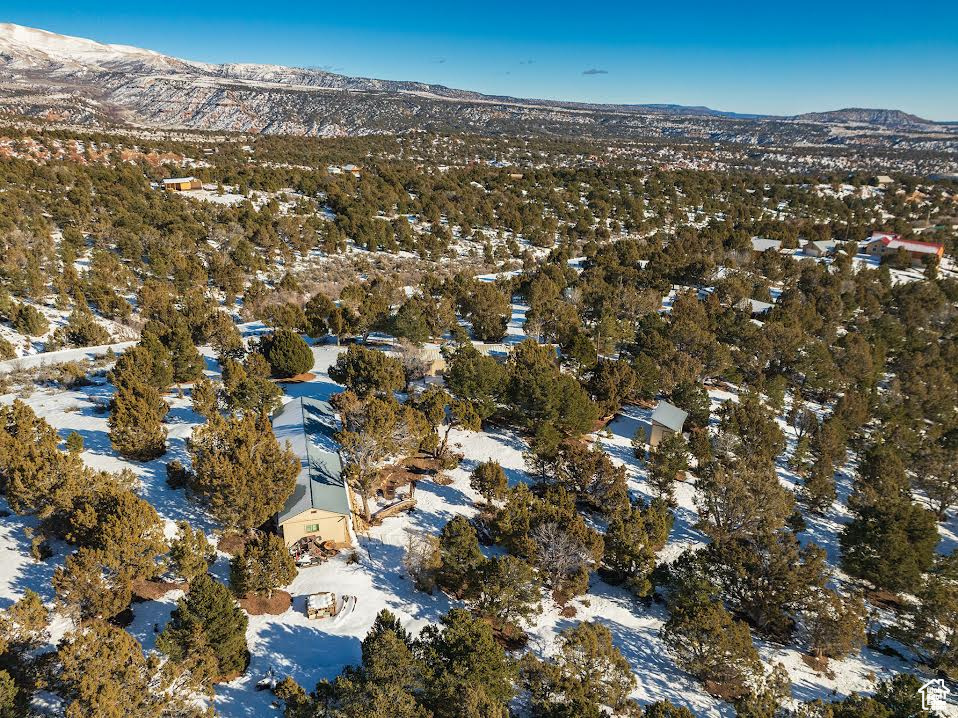 Snowy aerial view with a mountain view