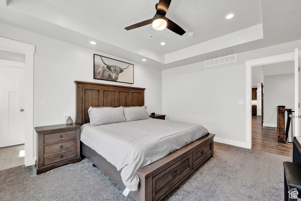 Carpeted bedroom featuring a tray ceiling and ceiling fan
