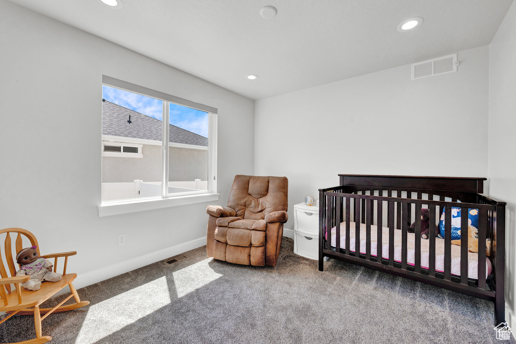 Bedroom featuring carpet flooring and a nursery area